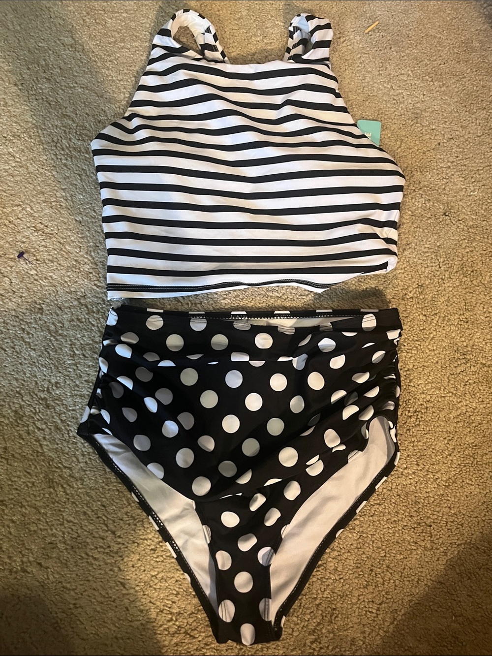 High-Neck Black & White Striped Crop Bikini Top with Polka Dot High-Waist Bottom